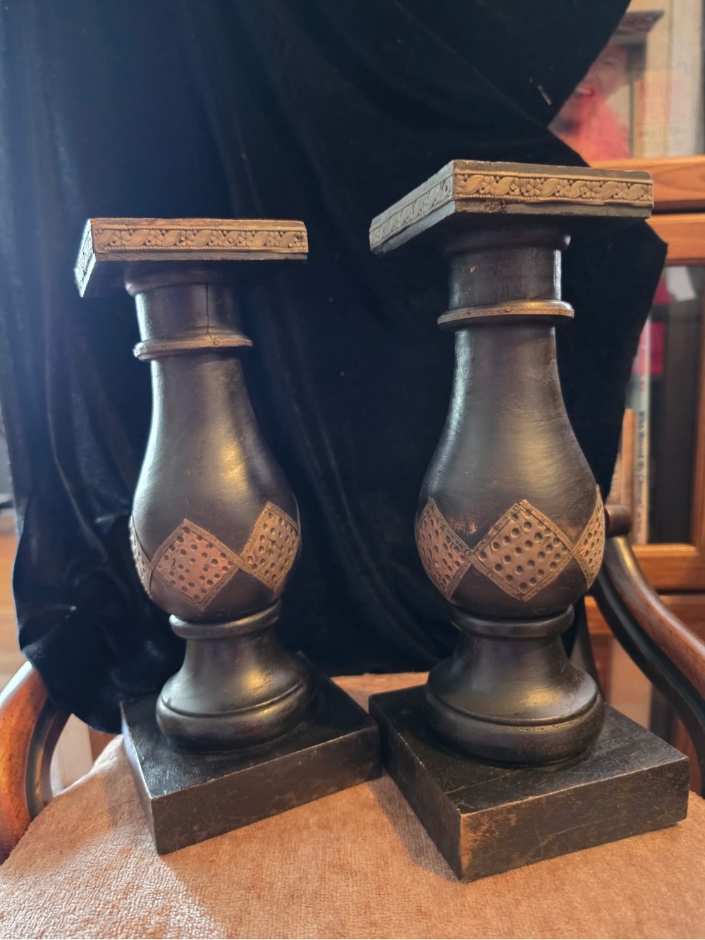 Set of 2 Black Decorative Candle Holders with Bronze Accents